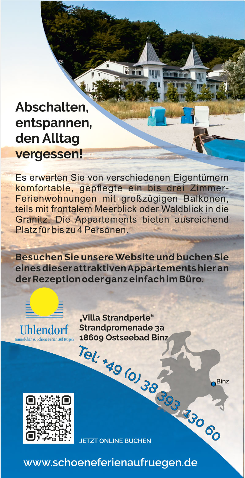 Grafikdesign Referenzen: Flyer DIN lang, Seeschloss Binz, Uhlendorf Ferien Service