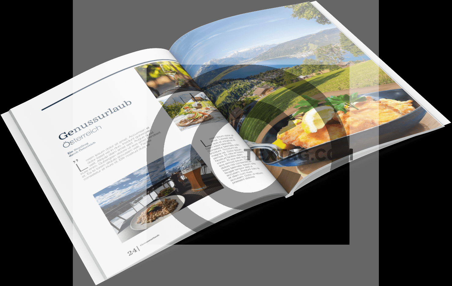 Reise- und Tourismusbroschüre - Vorlage Österreich für Werbung. Broschüre, Broschürendruck, Unterhaltung und Urlaub. Sehnsuchtsbilder für Österreich Tourismus. Reise und Tourismus