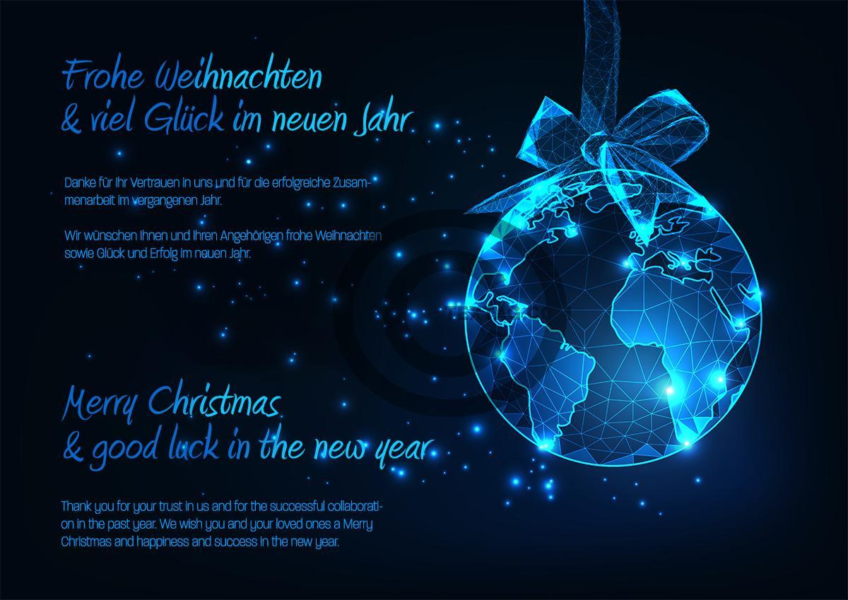 extravagant, glänzende Weihnachts E-Card für Kunden in Blau/Türkis mit Spruch, mehrsprachig, DE/EN, DE & EN, ohne Werbung (1060) 