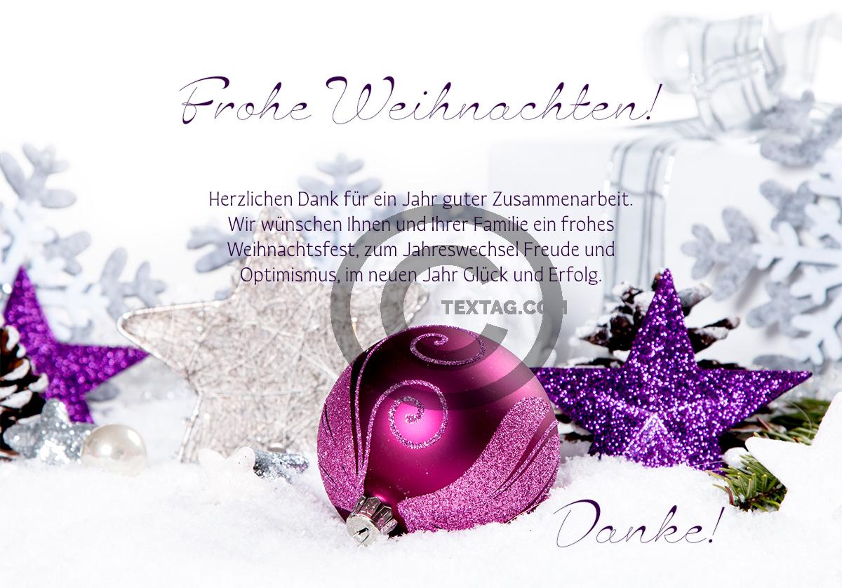Umweltfreundliche geschäftliche Weihnachts-E-Card mit pinkfarbenen Kugeln & violetten Sternen, mit Spruch, ohne Werbung (1137) 