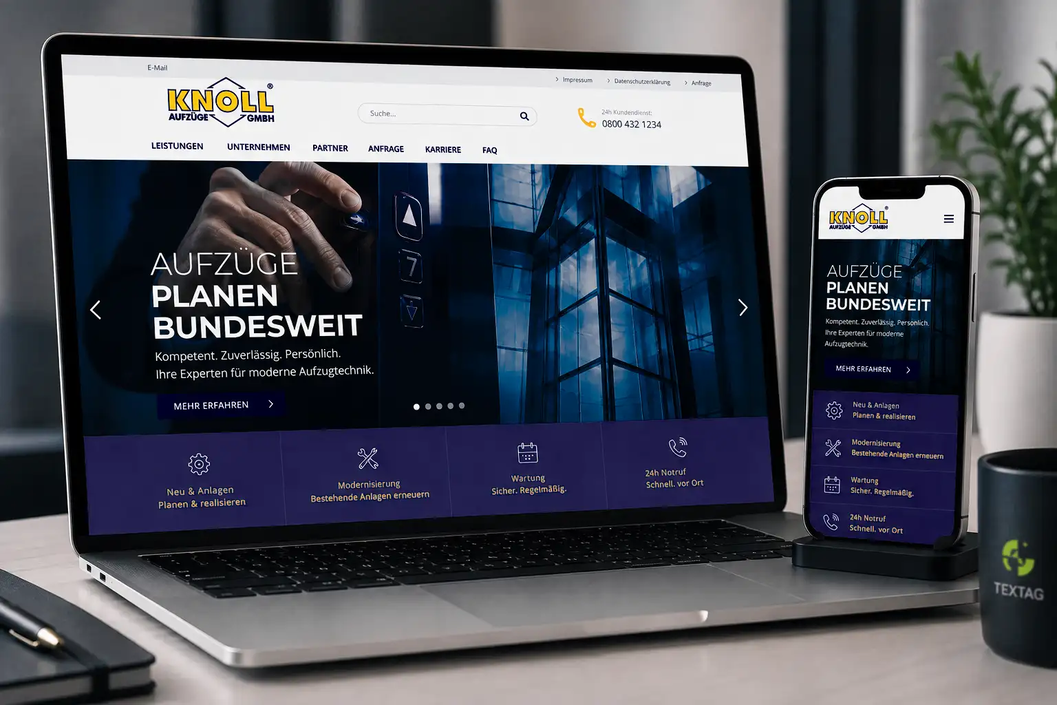 Konzeption, Webdesign, Layout, Inhalte, SEO • GEO • ARD: Für die KNOLL Aufzüge GmbH entstand eine moderne Unternehmenswebsite – optimiert für Google, ChatGPT und die KI-Suche.